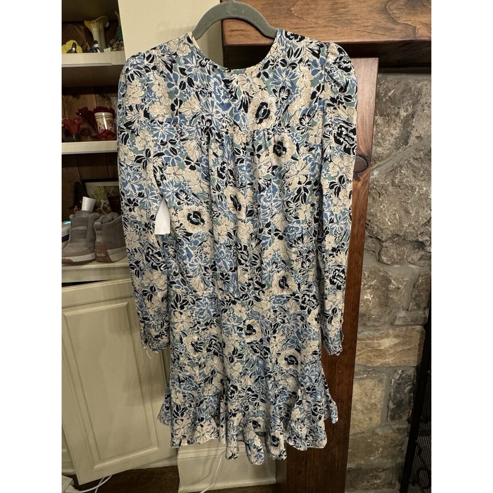 Veronica Beard 14 Riggins Dress Mini Shift Blue Silk Floral V Neck Long Sleeves - Picture 8 of 10